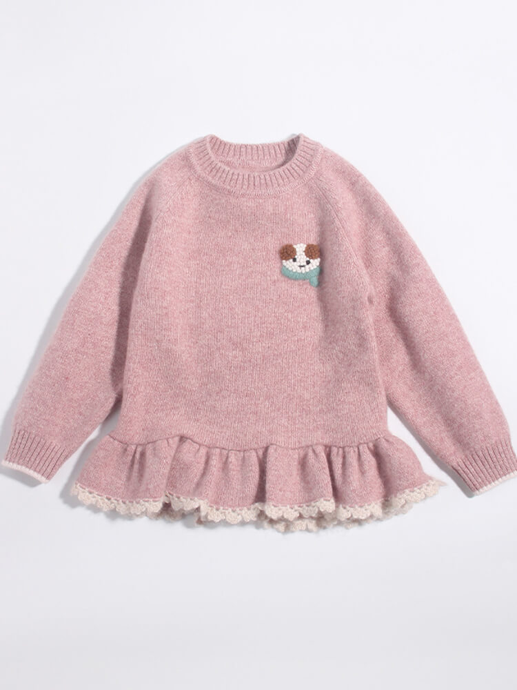 Girls Pink Cashmere Sweater with Puppy Patch and Ruffle Lace Hem